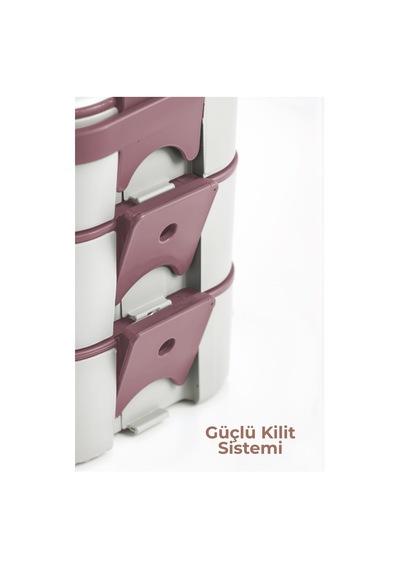 3 Katlı Bölmeli Lunchbox - Kilitli - Taşıma Saplı - Kaşık & Çatal Dahil G-770 Pembe Pembe