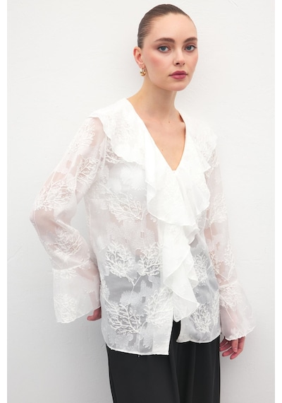 Sateen Fırfır Detaylı Nakışlı Gömlek - Ekru-137183 ekru