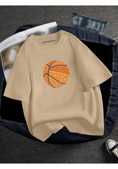 Oversıze Basketbol Topu Baskılı Unısex Tisort Baskılı Bej
