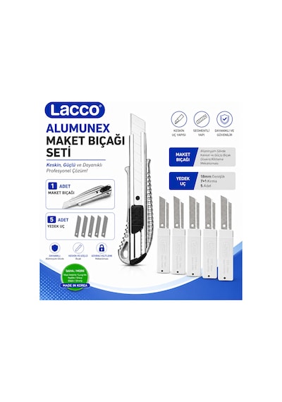 Lacco Alumunex Maket Bıçağı 1 Adet + 5 Kutu 18 Mm Yedek Uç Alüminyum Gövde Kesici Seti