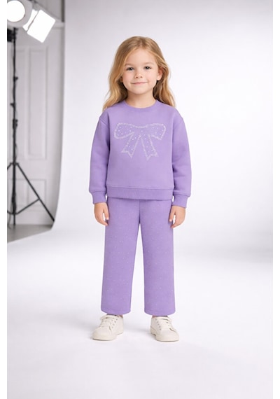 Lumino Kız Çocuk Taşlı Fiyonk Takım Lila Sweat & Pantolon 3-8 Yaş Lila