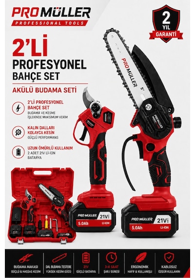 Pro Müller Profesyonel 21 V Çift Akülü Çelik Şanzıman Dal Budama Makası & Dal Budama Testeresi 2 Li Set
