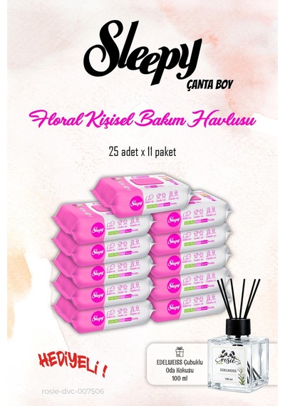 Sleepy Floral Kişisel Bakım Havlusu 11 Paket 25'li ve Rosıe Koku Tekli