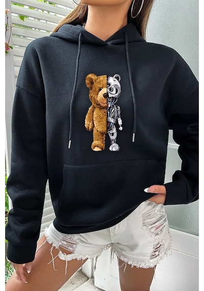 Uyguntarz Unisex Boys Bear Baskılı Sweatshirt siyah