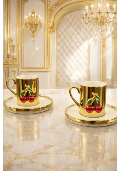 2 Kişilik Porselen Gold Platin Kaplama Kiraz Kahve Fincan Takımı Seti 100ml Altın