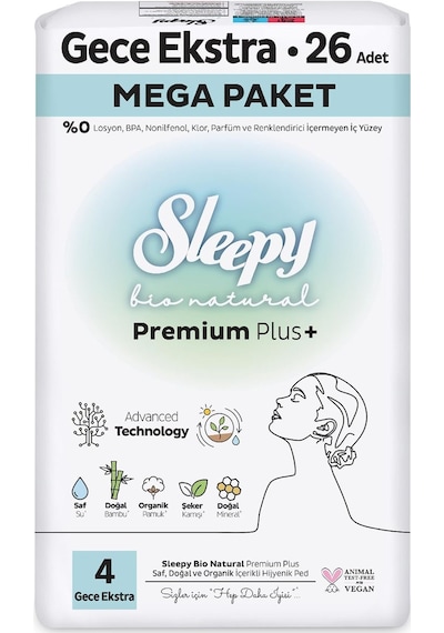 Sleepy Bio Natural Premium Plus Hijyenik Ped Mega Paket Gece Extra 26x5 130 Adet