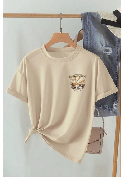 Uyguntarz Unisex Sırt Baskılı Arizona Oversize Tshirt Bej