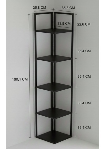 Ela 5 Raflı Metal Köşe Kitaplık Rafı Dekoratif Aksesuar Rafı 180 Cm Siyah Siyah