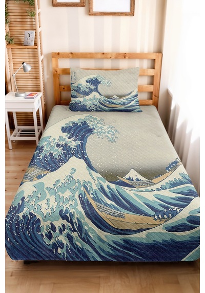 Mavi Dalga Marine Genç Odası Tek Kişilik Pike Takımı-japon Esintili 160x220 Cm Kapitone Yatak Örtüsü Naif Çayır Hissi