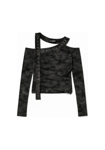 it's basic Kadın Siyah Antrasit W5 Asimetrik Kesim Özel Kumaş Tasarım Crop Top