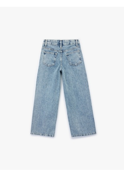 Koton Pamuklu Rahat Kesim Zımba Detaylı Geniş Paça Denim Pantolon Lıght Indıgo 6wkg40067ad Açık Mavi