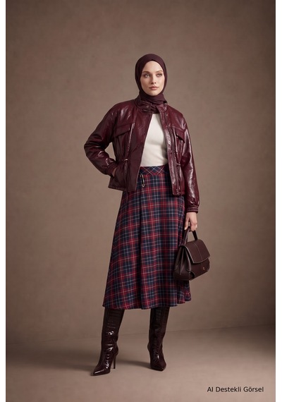 Avenna Yüksek Bel Ekose Desenli Uzun Etek 92 Cm Boy Bordo 26kt112