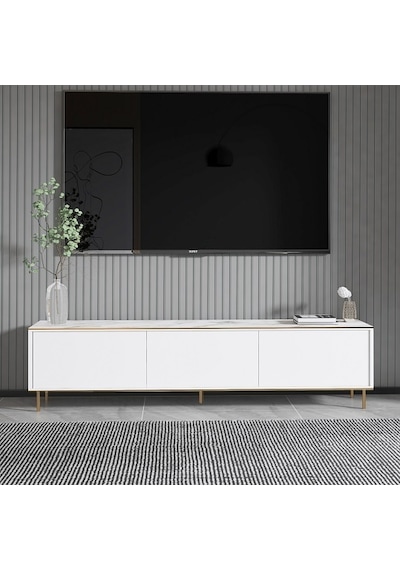 Tv Sehpası Kozan Beyaz Mermer Desen Gold 180 Cm