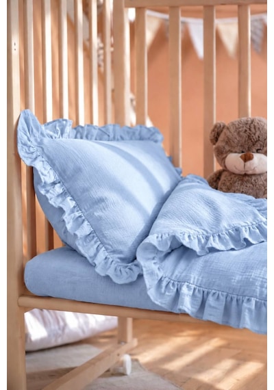 H&c Cool Boy Bebek Müslin Nevresim Takımı 4 Parça 100x150 CM Çarşaflı 2 Yastık Kılıflı Fırfırlı Bebe Mavisi