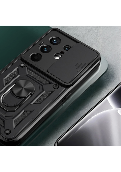 Maks Technology Tecno Camon 50 Pro Kılıf Magnetik Standlı Kamera Korumalı Mkst Sürgülü Vega Kapak - Siyah