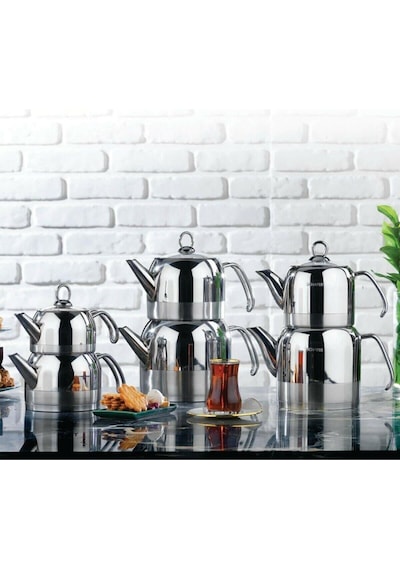 Schafer Ada 4Parça Metal Kulplu Çaydanlık Küçük Boy Inox Gri