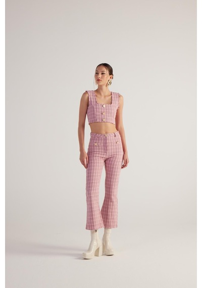 Holly Lolly İspanyol Kesim Tüvit Tweed Pantolon Pembe