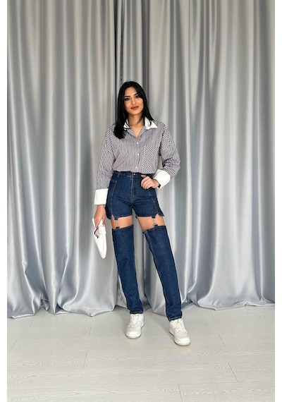 Duygudan Mavi Askılı İki Parça Jeans Pantolon