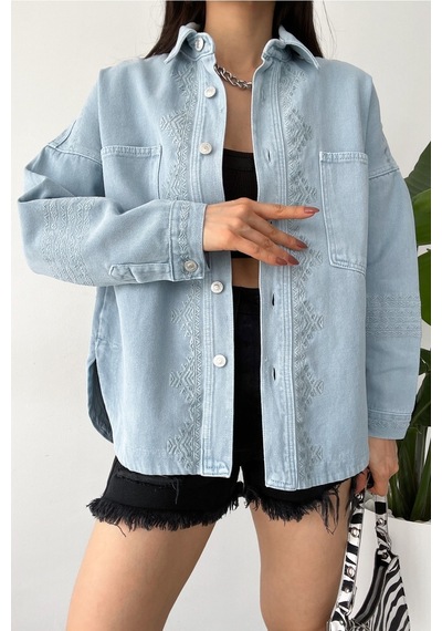 Femelle Kadın Buz Mavi Yeni Sezon Çift Cepli Standart Beden Nakış Işlemeli Oversize Ceket