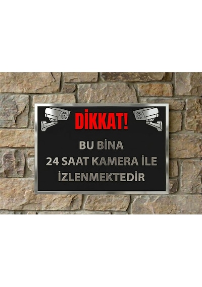 Dikkat 24 Saat Kamera İle İzlenmektedir Uyarı Levhası Metal Tabela Siyah Gümüş Tasarım 20x30 Cm