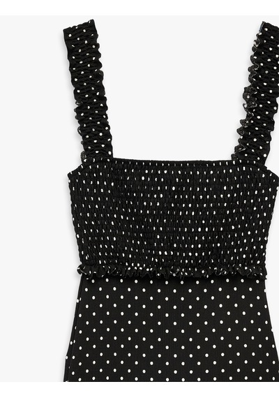Koton Kare Yaka Slim Fit Kalın Askılı Gipeli Midi Puantiyeli Elbise Siyah Desenli 6sal80026ık