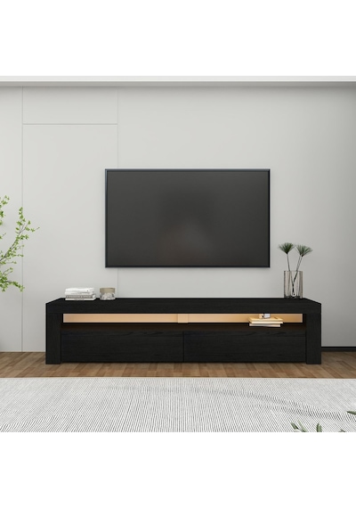 Batı LED Işıklı 2 Kapaklı TV Sehpası – 150 cm – Minimal Tasarım, Ahşap siyah