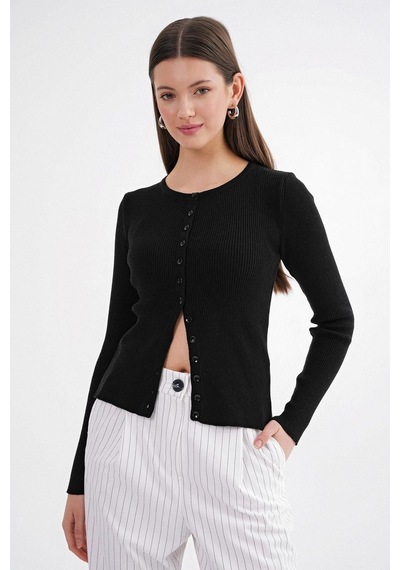 Hiccup Mixray Düğmeli Slim Fit Yivli Örgü Hırka Siyah