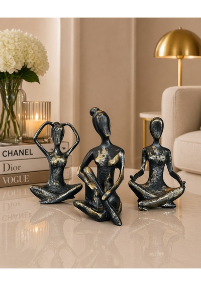 Dekoratif Yoga Figürü 3 Lü Set Gold Meditasyon Biblo, Modern Lüks Ev Dekoru Siyah - Altın