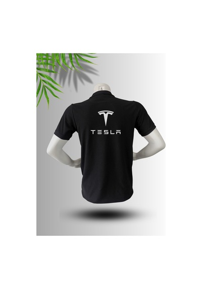 Dafri Tesla Logo Baskılı Polo Yaka Pamuk Tişört Siyah