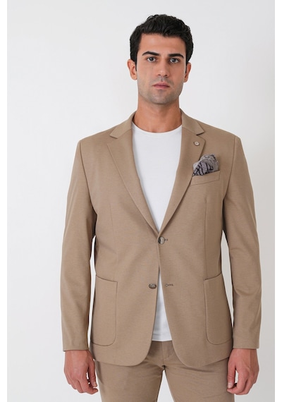 Comfort Fit Çift Yırtmaç Torba Cep Metal Düğmeli Koyu Bej Blazer Ceket C 734