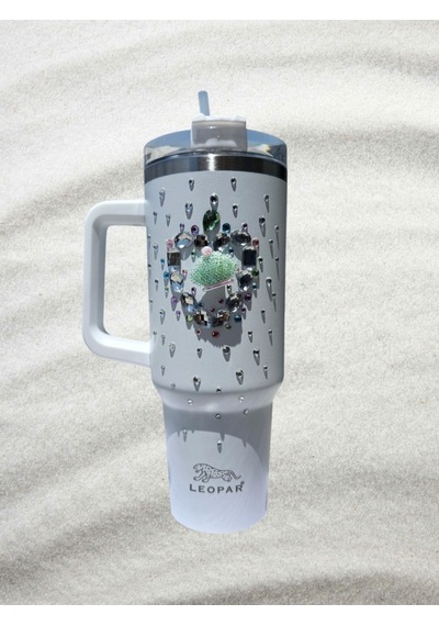 Pipetli 1,2 Litre Kulplu Çelik Termos Renkli Üzeri Taş İşlemeli - Beyaz Beyaz