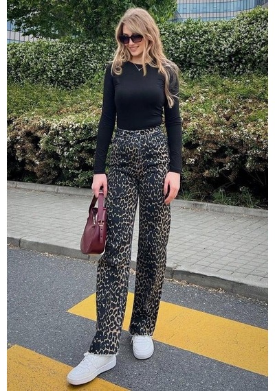 Seeh Siyah Leopar Palazzo Kadın Jean Pantolon Sh352 Desenli
