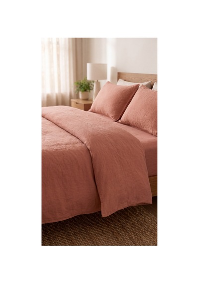 %100 Pamuk Keten Çift Kişilik Nevresim Takımı Lastikli Çarşaflı 200x220 Cm Tarçın Rengi - 904806307 Tarçın Rengi