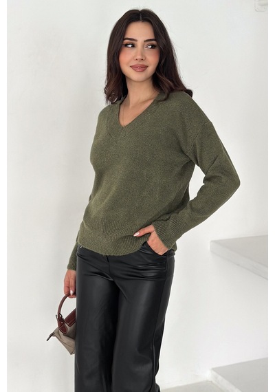 Noa & Noa Kadın V Yaka Triko Kazak Cozy Neutral Yeşil