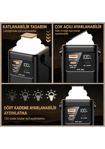 20.000 Mah Powerbank Kamp Lambası Dahili Usb-c & Lightning Kablolu Dijital Göstergeli Pd Hızlı Şarj Taşınabilir