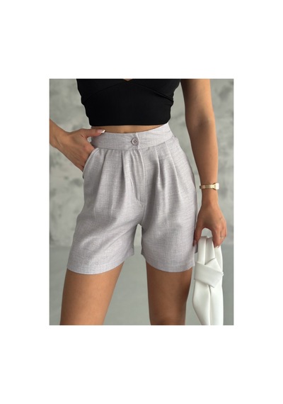 Winmoda34 Kadın Trend Keten Şort 2 Cep Gri