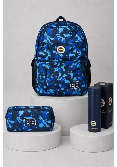 Lisanslı Fenerbahçe Kamuflaj Büyük Boy Lise Okul Çantası,kalem Çantası Ve 500 Ml Çelik Termos Seti Altın