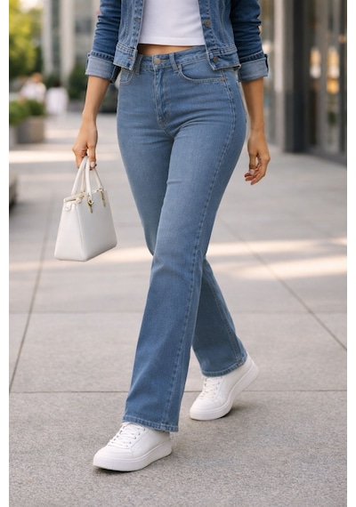 Cedy Denim Kadın Boru Paça Yüksek Bel Regular Fit Likralı Pantolon Açık Mavi Cedy Denim Kadın Boru Paça Yüksek Bel Regular Fit Likralı Pantolon Açık Mavi