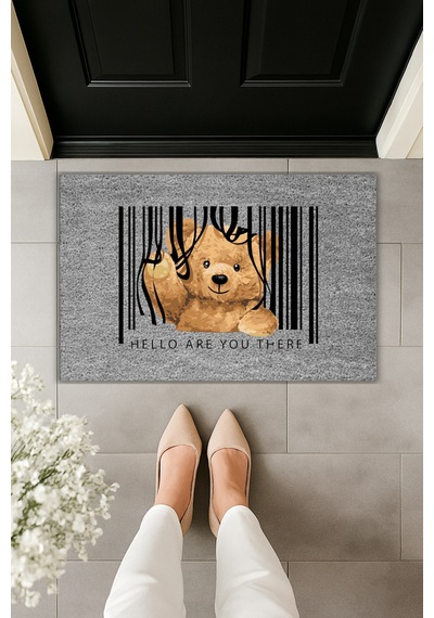 Rugmood Modern Dijital Baskı Paspas - Ayıcık Barkod Paspas - Kapı Önü Paspası 70x45cm Gri
