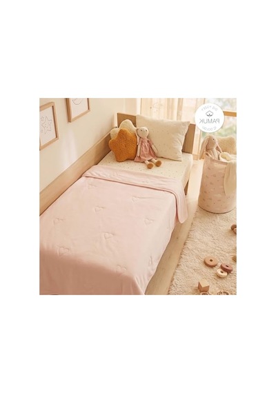 Pembe Renk Kalp Nakışlı %100 Pamuk Bebek Örtüsü 90 X 120 Cm Açık Bej