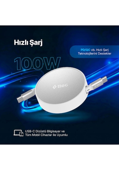 Ttec USB-C - USB-C Mini Makaralı 100W PD/QC 120 CM Hızlı Şarj Kablosu Beyaz
