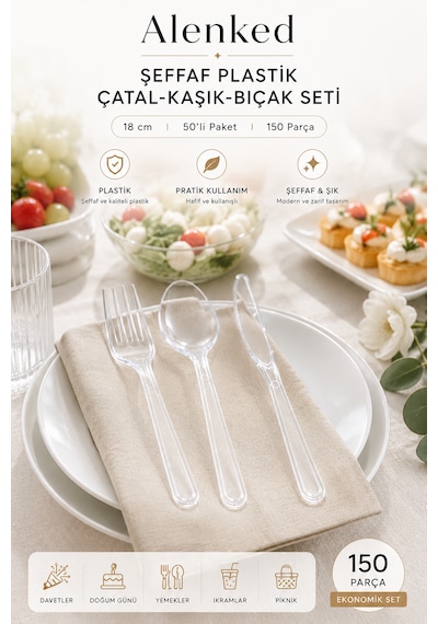 Plastik Şeffaf 18cm Kaşık Çatal Bıçak Seti 50'li - 150 Parça