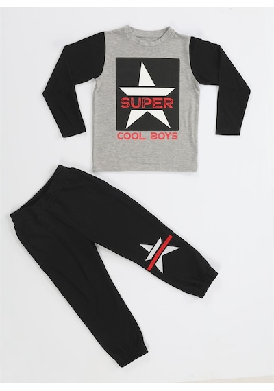 Casabony Super Star Erkek Çocuk Jogger + T-shirt Takım-siyah -gri Siyah