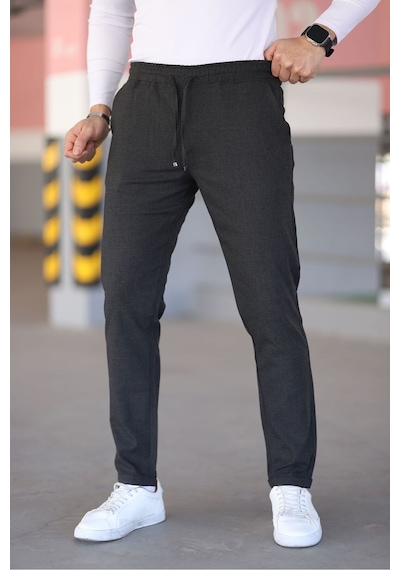 Bürke Erkek Antrasit Renk Beli Lastikli Bağcıklı Esnek Fitted Jogger Pantolon Kumaş Pantolon