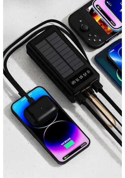 30000 Mah Solar Powerbank Güneş Enerjili Taşınabilir Şarj Cihazı 22.5w Hızlı Şarj Dahili Kablolu Çoklu Çıkış Dijital Ekran Siyah - Siyah