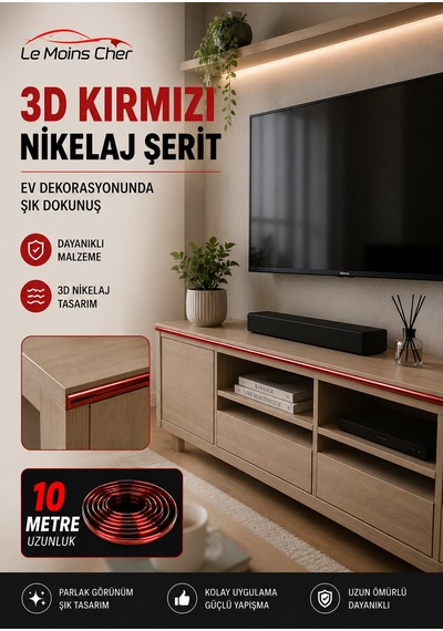 3d Kırmızı Nikelaj Şerit 10 Metre Ayna Tablo Çerçeve Dekor Şeridi