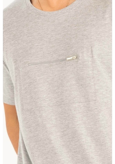 Peraluna Ön Orta Fermuarlı Düz Kesim Açık Gri Erkek T-Shirt-Gri