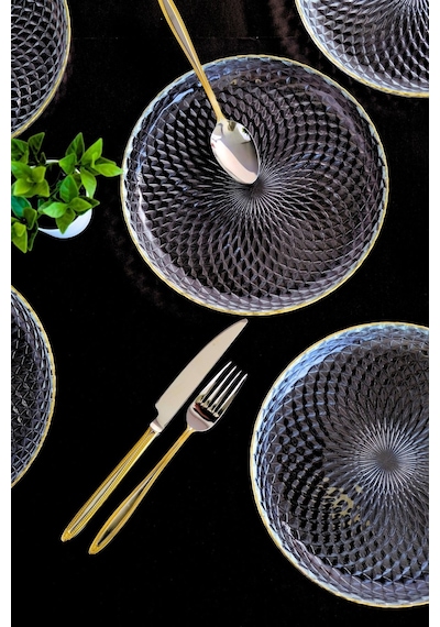 Tabak Evi Altın Yaldız Cam Pasta Tabağı 19cm 6 Lı 2339 Şeffaf