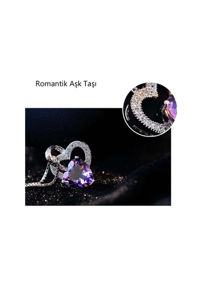Brezza Lusso Jewelry Gümüş Ametist Taşlı Çift Kalp Kadın Gümüş Kolye 45 CM