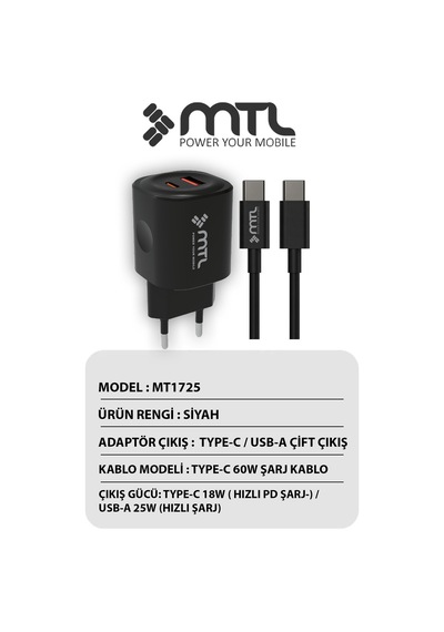 25w Pd + Usb Çift Çıkışlı Adaptör Ve Type-c Kablo Hızlı Şarj Seti Mt1725